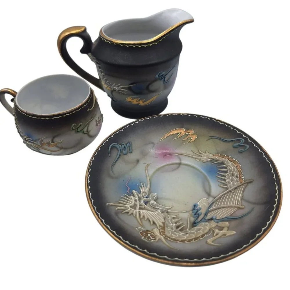 Dragonware Japanese Moriage Cream Pitcher‎ Black Blue Raised Saucer Teacup Set